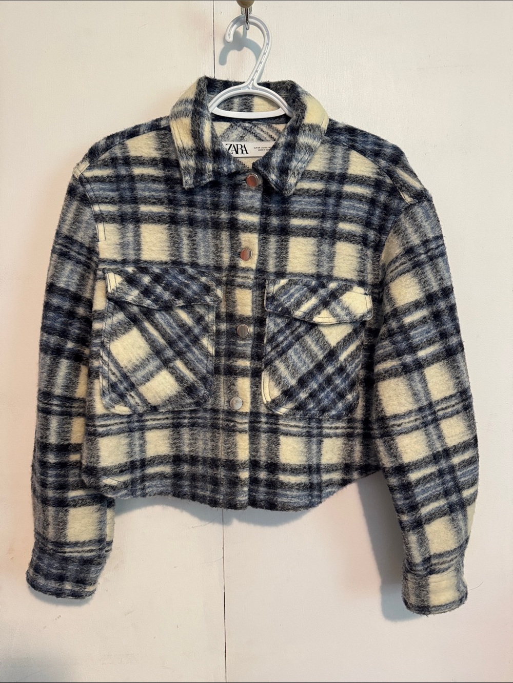 ZARA Plaid Cropped Shacket in Cream and Blue